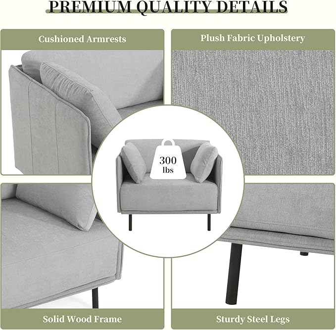 Christopher Knight Home Pauls Vintage Lounge Chair with 2 Side Pillows Upholstered Fabric Accent Chair Living Room Home Office Plush Seating Solid Wood Frame and Steel Legs Gray