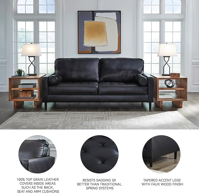 Signature Design by Ashley Bryceview Contemporary Leather Match Tufted Sofa with 2 Bolster Pillows Black