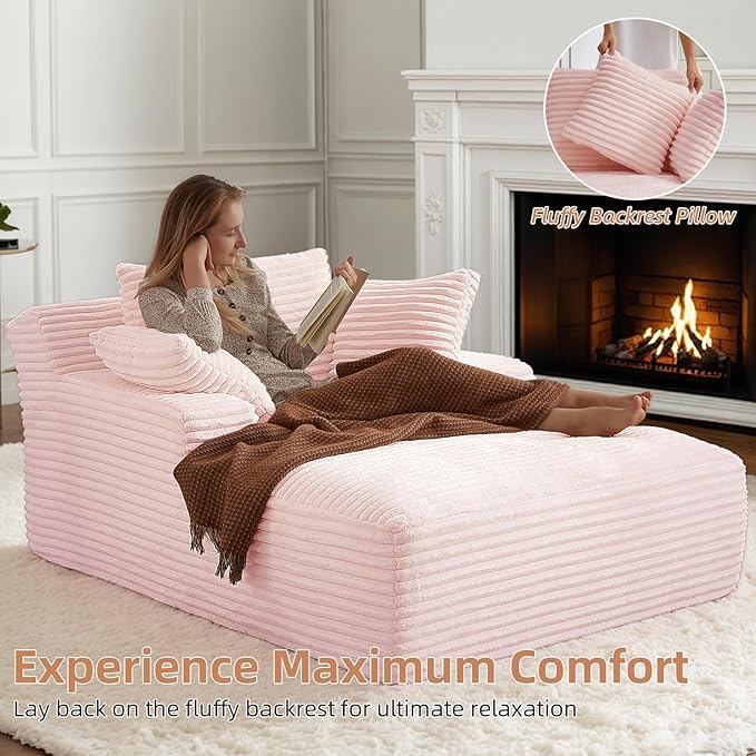 Oversized Chaise Lounge Chair Indoor Bedroom Comfy Corduroy Upholstered Sofa Bed Chair Deep Seat Single Sofa Couch No Assembly Required Sleeper Chair Sofa for Living Room (Light Pink)