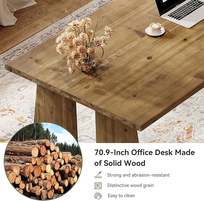 Solid Wood Executive Desk 70.9-Inch Long Office Computer Desk with Sturdy Wooden Legs Farmhouse Workstation for Home Office Rectangular Conference Table for Meeting Room (Brown)