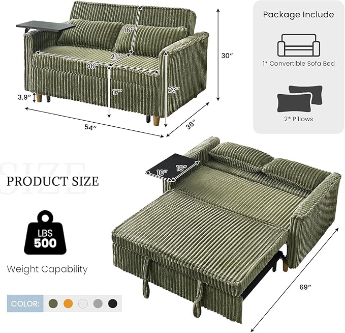 54'' Corduroy 3-in-1 Convertible Sofa Bed Pull Out Sleeper Loveseat Couch with USB Ports &amp Storage Pockets Futon Couches for Small Space Living Room Apartment (Green New)