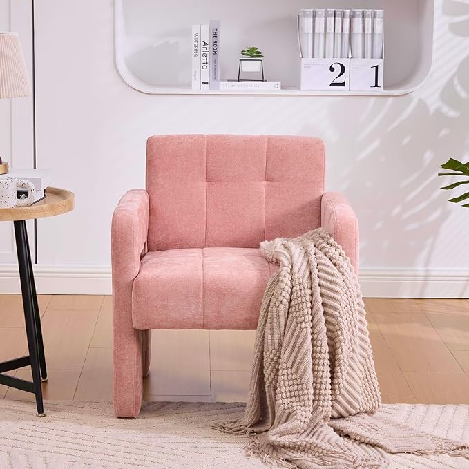 Modern Accent Chair Set of 1 Chenille Fabric Upholstered Reading Armchair Mid-Century Leisure Comfy Single Sofa Chair for Living Room Bedroom Home Office (Pink Set of 1)