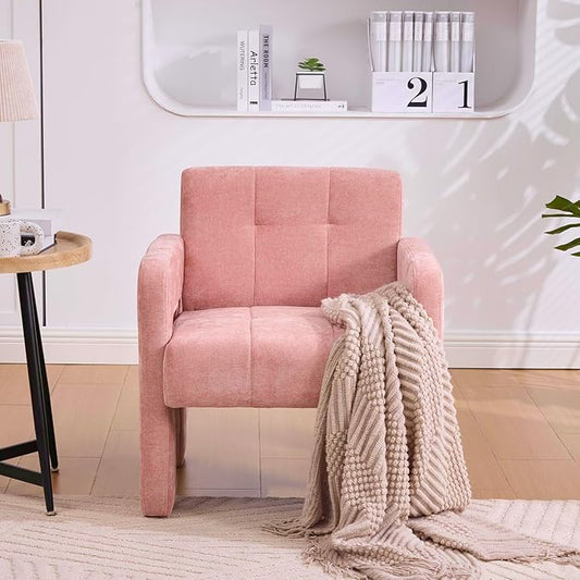 Modern Accent Chair Set of 1 Chenille Fabric Upholstered Reading Armchair Mid-Century Leisure Comfy Single Sofa Chair for Living Room Bedroom Home Office (Pink Set of 1)