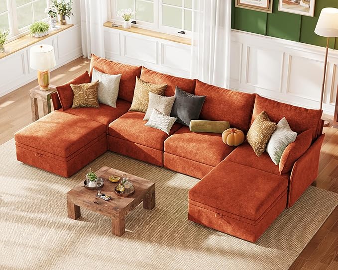 ABCASA 135 Sectional Couches for Living Room - Oversized 6 Seater U Shaped Couch with Storage Ottoman Deep Seat Comfy Sectional Sofa Pet-Friendly Removable Cover Orange Chenille Modular Couch