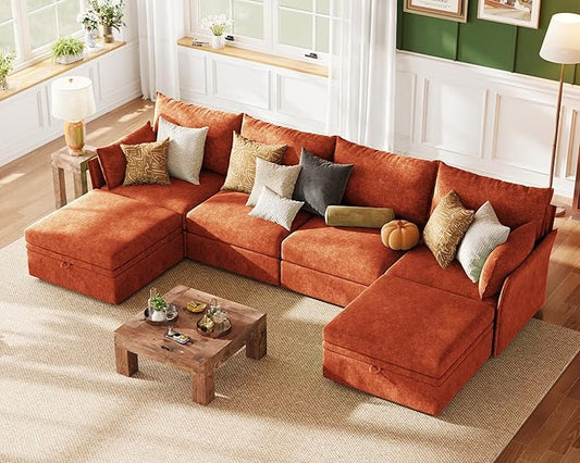 ABCASA 135 Sectional Couches for Living Room - Oversized 6 Seater U Shaped Couch with Storage Ottoman Deep Seat Comfy Sectional Sofa Pet-Friendly Removable Cover Orange Chenille Modular Couch