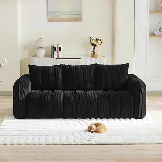 83'' Boneless Corduroy Sofa Oversized 3 Seater Deep Seat Couch with Rounded Armrest Modern Upholstered Cloud Sofa for Living Room No Assembly Black