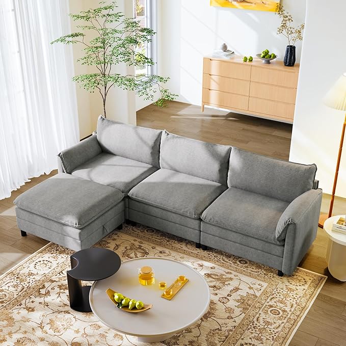 FLEXISPOT SF6 Cloud Sectional Couch for Living Room with Reversible Ottoman 100.4 L-Shaped Modular Sectional Sofa with Storage 3-Seater Comfy Sofa Couch for Apartment Chenille Gray