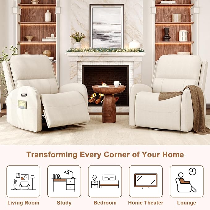 iPormis Power Recliner Chair for Adults Comfy Linen Fabric Swivel Rocking Recliner with Power Headrest/Lumbar Support/Charging Ports Electric Recliner Single Sofa Chairfor Living Room/Bedroom White