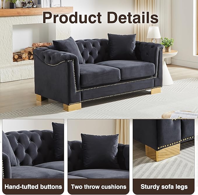 KEIKI 62 Chesterfield Sofa Retro Style Upholstered 2 Seat Sofa Rolled Arm Tucked-in Nailhead Decor Cloud Couch for Living Room Bedroom Office Black