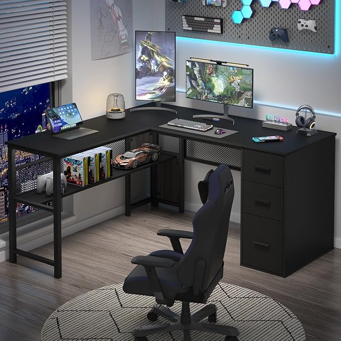 LVB Black L Shaped Desk Reversible Computer Office Desk with Drawers Modern Large L Shape Gaming Desk Table with File Cabinets Wood Executive Corner Desk with Storage Shelf for Bedroom 59 Inch