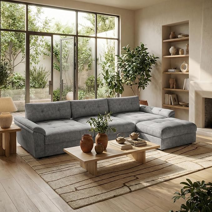Oversized Modular Sectional Sofa with Adjustable Back Modern Comfy Sectional Couch with Storage Ottoman Deep Seat Chenille Cloud Couch for Living Room Only Ottoman Light Gray