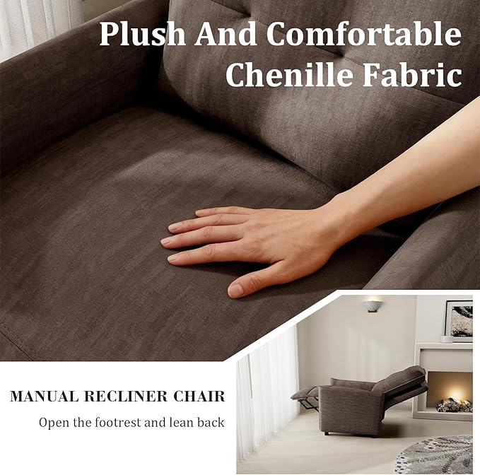 Chenille Fabric Recliner Chair for Adults - Manual Push Back Reclining Sofa with Sturdy Metal Frame Overstuffed High-Density Foam Adjustable Footrest for Living Room Home Theater (Brown)