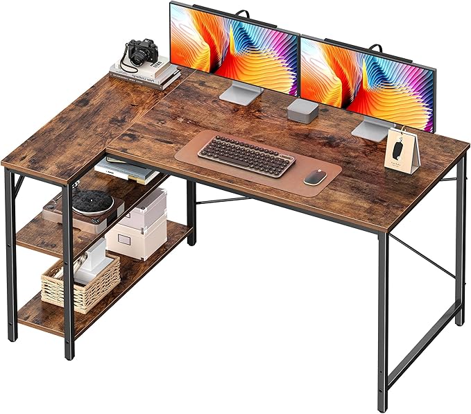 Huuger 47 Inches L Shaped Desk Computer Desk with Reversible Storage Shelves for Gaming Corner Home Office Writing Study Metal Frame Rustic Brown