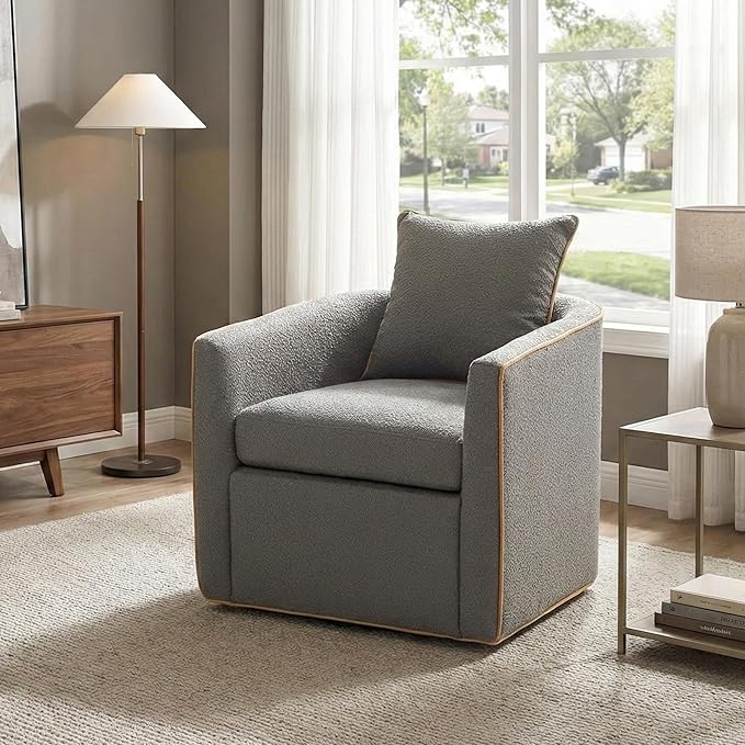 360° Swivel Accent Chair with Curved Armrest Bouclé Upholstered Club Chair Barrel Sofa Chair for Living Room Reading Corner Small Spaces (Light Grey13)