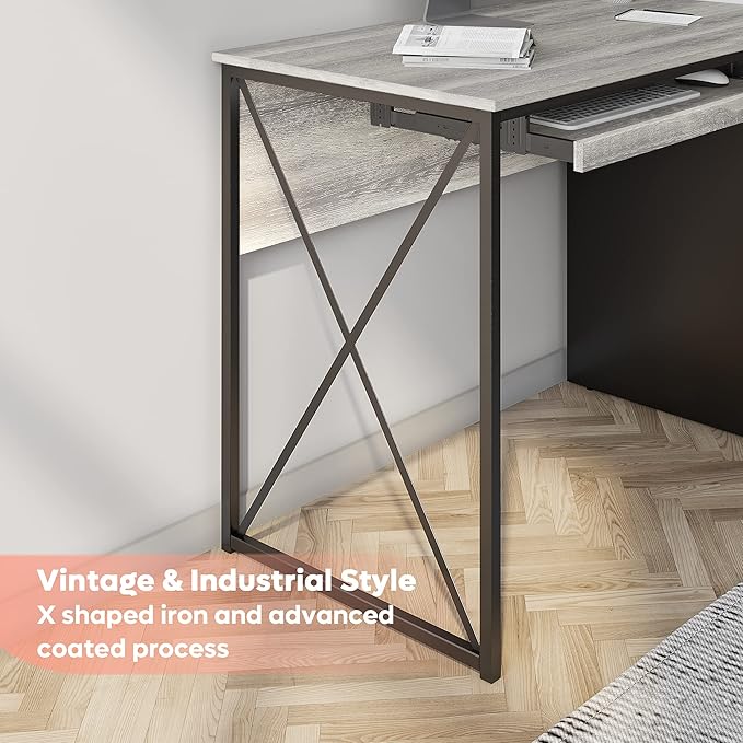 Bestier Office Desk with Drawers 55 inch Industrial Computer Desk with Storage Wood Teacher Desk with Keyboard Tray &amp File Drawer for Home Office Light Gray Oak