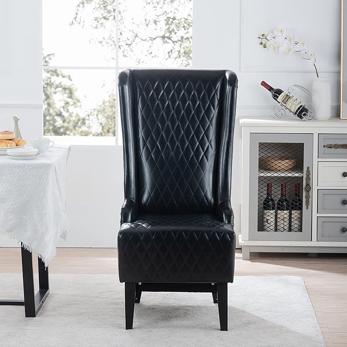 Dining Chair Comfy High Wingback Accent Chair for Dining Table PU Leather Upholstered Accent Side Chairs with Soft Padded &amp Wooden Legs for Living Room Dining Room Bedroom (Black)