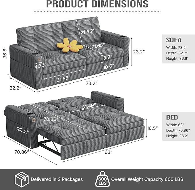 Rovibek 73.2 Convertible Sofa Bed Pull Out Couch with USB Charging Port &amp Cup Holders Adjustable Backrest Side Pockets Modern Corduroy Sleeper Sofa for Living Room Bedroom Apartment Grey