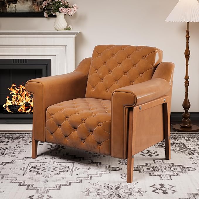 EJUNQ Cozy Accent ChairPU Leather Modern Living Room ChairsMid-Century Office Reading ChairSingle SofaArmchair for Bedroom Apartment Waiting Room(Brown1)