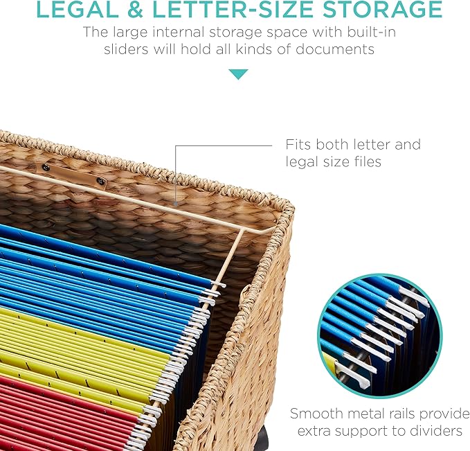 Best Choice Products Handwoven Water Hyacinth Rolling Filing Cabinet Mobile File Organizer for Hanging Folders W/Lid and Locking Wheels For Home or Office – Natural