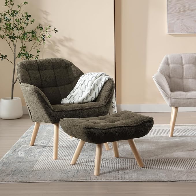 Modern Sherpa Accent Chair with Ottoman Fluffy Upholstered Lounge Chair with Footrest Comfy Living Room Side Boucle Armchair for Small Space Bedroom Apartment Green