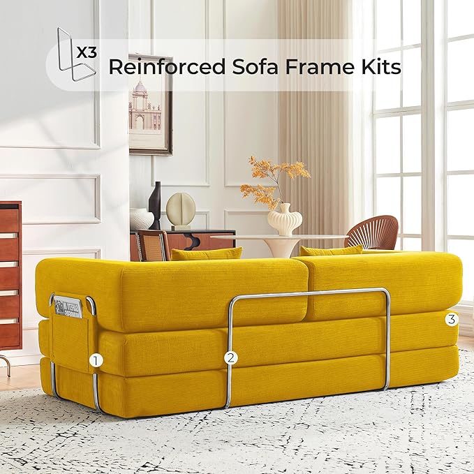 79 Convertible Sofa Bed with Pillows Corduroy Folding Sleeper Sofa with Fixed-Shape Frame Boneless Couch for Living Room Bedroom Floor Sofa Lounge No Assembly Required (A Style-Yellow)