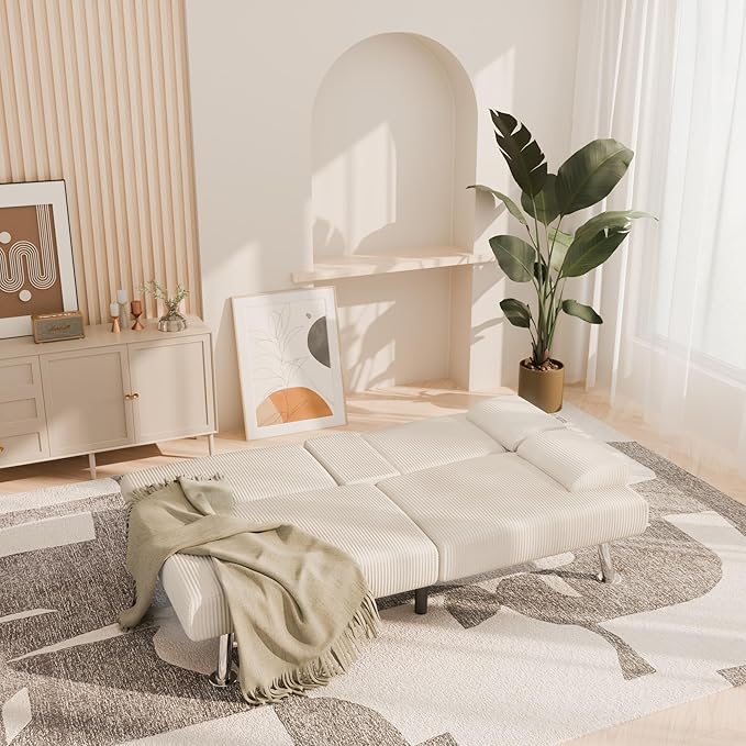 YESHOMY Futon Sofa Bed Futon Couch with Adjustable Backrest Convertible Sleeper Sofa with Removable Armrests Loveseat in Corduroy with 2 Cup Holders for Living Room Apartment (Beige)