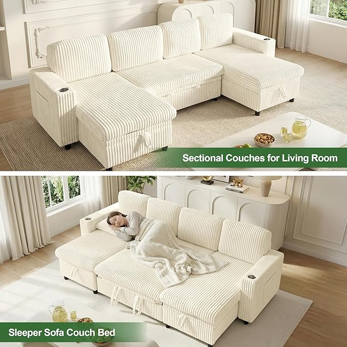 Sectional Couches for Living Room Sectional Sleeper Sofa with Pull Out Bed Modular Corner Sofa with Storage Convertible Sofa Bed for Living Room Bedroom and Apartment Beige