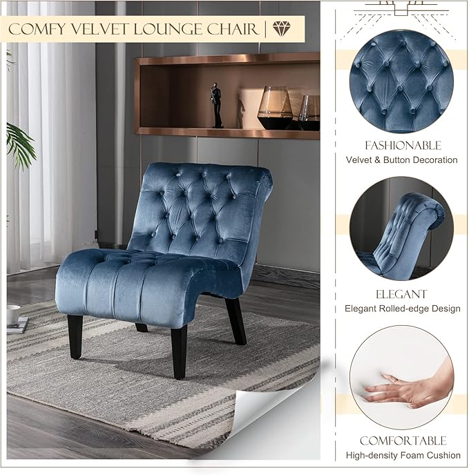 KINFFICT Velvet Accent Lounge Chair for Living Room Modern Leisure Chair with Tufted Backrest Indoor Armless Side Chair Upholstered Bedroom Sleeper Chairs with Solid Wood Legs