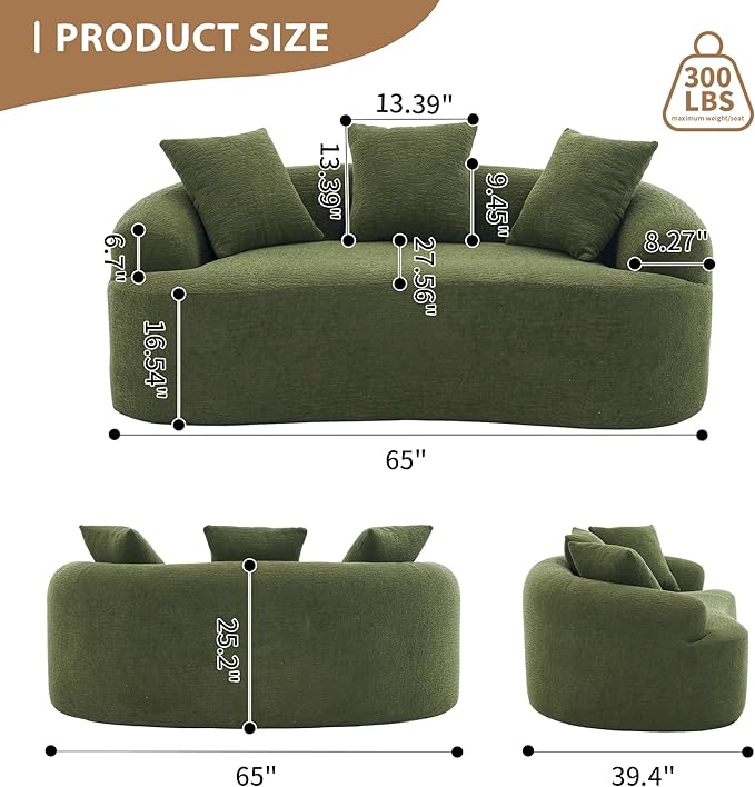 Curved Loveseat Sofa Couch for Living Room 65’’ Modern Comfy Cloud Floor Couch Round Sofa Full Sponge Compression Sofas with Deep Seat for Small Spaces Apartment No Assembly NeededGreen