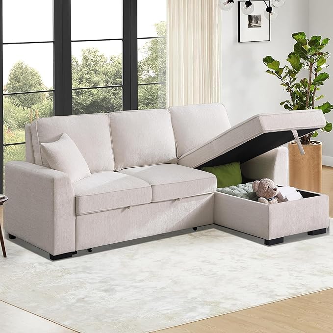 INSTORY Sectional Sleeper Sofa with Pull-Out Bed Drop-Down Table USB &ampType-C Port Cup Holders Beige