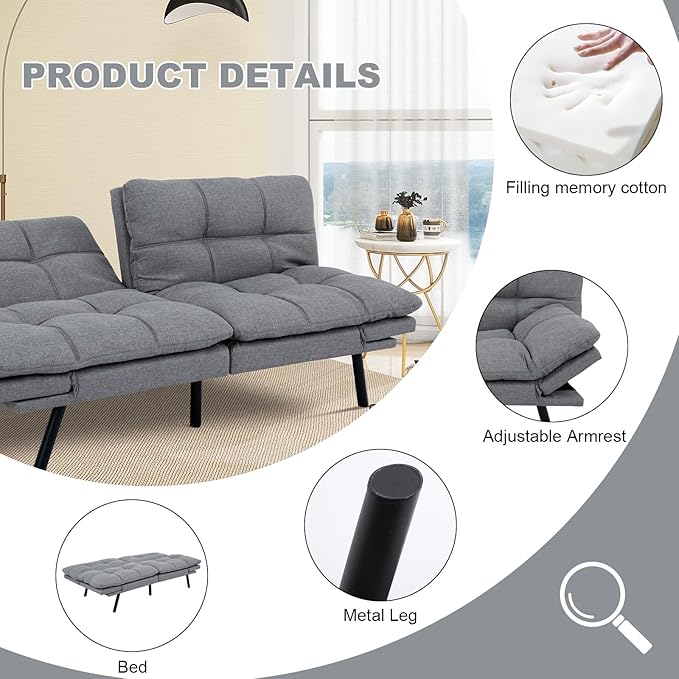MUUEGM Futon Sofa Bed Convertible CouchMemory Foam Futon Sofa CouchSleeper Futons Sofa CouchesSmall Splitback Modern Loveseat Sofa Bed for Living RoomOfficeApartmentLinen FabricLight Gray.