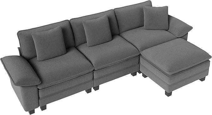 123-Inch L Shaped Sectional Sofa with Cloud Cushions Deep Seat Modular Couch Set w/ 4 Seats &amp 1 Ottomans Removable Arms Plush Corduroy Upholstery for Living Room Apartment - Gray