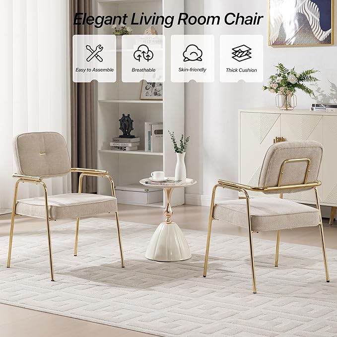 Accent Chair Dining Chair Set of 2 Chenille Upholstered Armchair Reading Side Chair Comfy Living Room Chair with Gold Metal Legs for Bedroom Waiting Room Beige