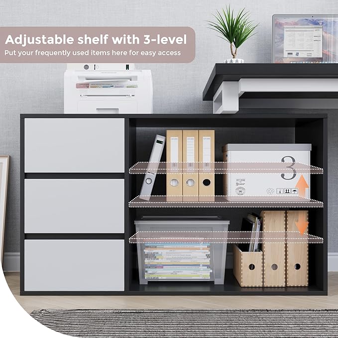 Home Office Computer Desk Corner Desk with 3 White Drawers and 2 Shelves 53-inch L-Shaped Study Desk with Storage Black + White