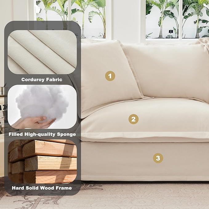 healthomse Chenille Fabric Slipcovered Armchair with Wide Ottoman Deep Seat Living Room Chair Set with 2 Large Soft Pillows (2-Piece) (Cream)