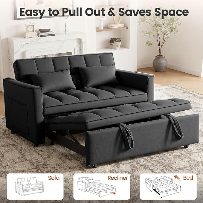 Convertible Sofa Bed Love Seat Sleeper Bed with Side Pockets 3 in 1 Velvet Fabric Pull Out Couch with Adjustable Backrest for Living Room Bedroom Apartment Black