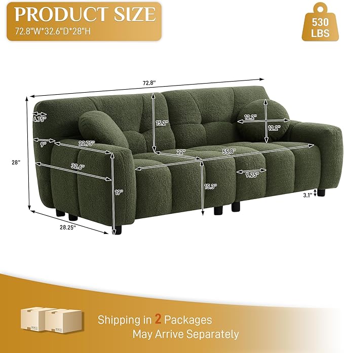 Modern Boucle Sofa Couch Comfy Deep Seat Teddy Cloud Couch 72.8 Upholstered Cozy Sherpa 2 Seater Couches with Pillows Oversized Loveseat Sofa for Living Room Apartment Emerald Green