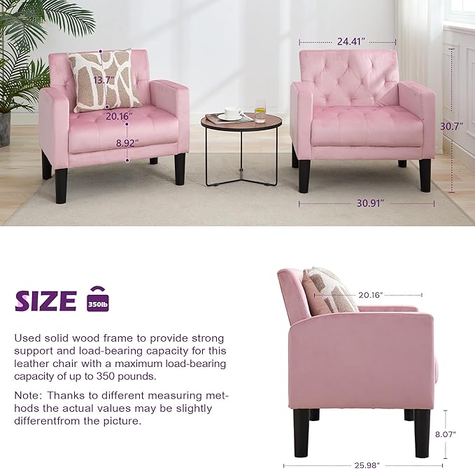 TYBOATLE Mid-Century Fabric Tufted Accent Living Room Armchairs Comfy Modern Upholstered Bedroom Office Armchair Single Sofa Reading Lounging Side Lounge Chair Living Room Furniture (Pink)