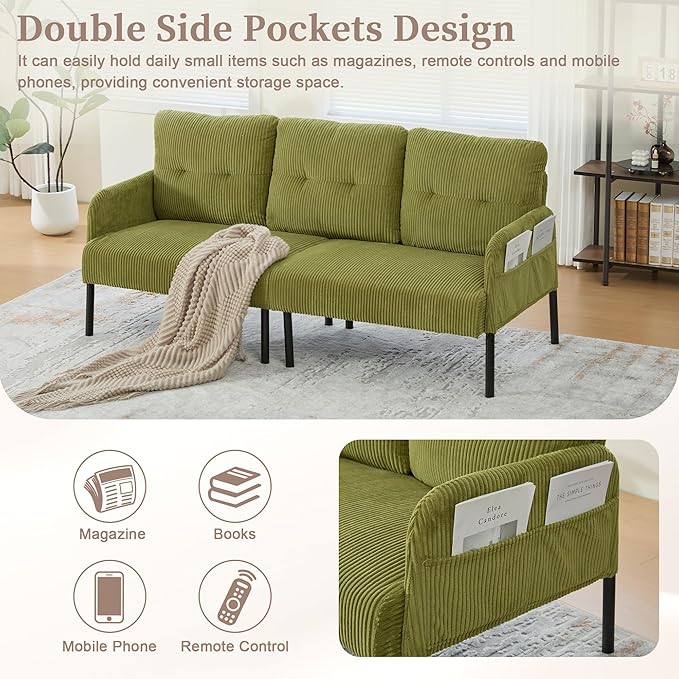 KEIKI 67 Corduroy Loveseat Sofa with Double Side Pockets &amp High Resilience Cushion Modern Style Upholstery Oversized 2-Seater Couch with Metal Legs Easy Assembly for Living Room Green