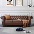 Modern 3 Seater Couch Large Sofa Furniture Roll Arm Classic Tufted Chesterfield Settee Leather Sofa with Channel Tufted Seat Back for Living Room Dark Brown PU