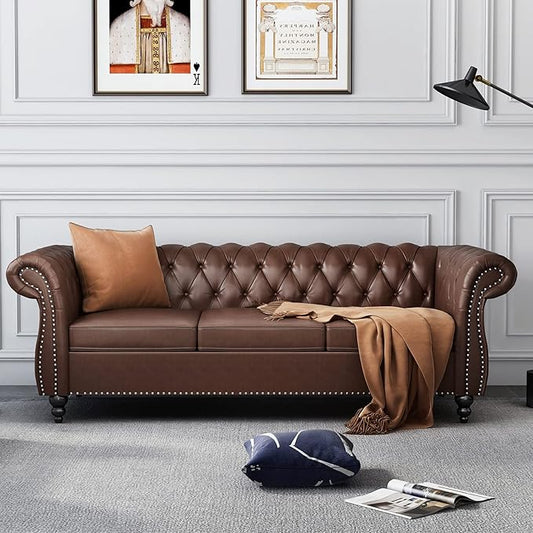 Modern 3 Seater Couch Large Sofa Furniture Roll Arm Classic Tufted Chesterfield Settee Leather Sofa with Channel Tufted Seat Back for Living Room Dark Brown PU