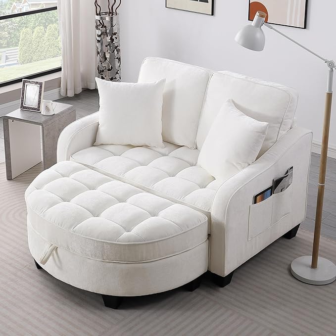 DEINPPA Oversized Accent Sofa Chair with Storage Ottoman Chenille Upholstered Comfy Chair with Throw Pillows for Living Room Reading Room Bedroom-Beige