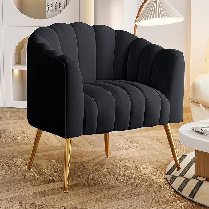 Oversized Pumpkin Couch Accent Chair Modern Comfy Velvet Upholstered Barrel Chairs Luxury Single Sofa Armchair for Living Room Waiting Room Office and Vanity (Black)