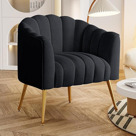 Oversized Pumpkin Couch Accent Chair Modern Comfy Velvet Upholstered Barrel Chairs Luxury Single Sofa Armchair for Living Room Waiting Room Office and Vanity (Black)