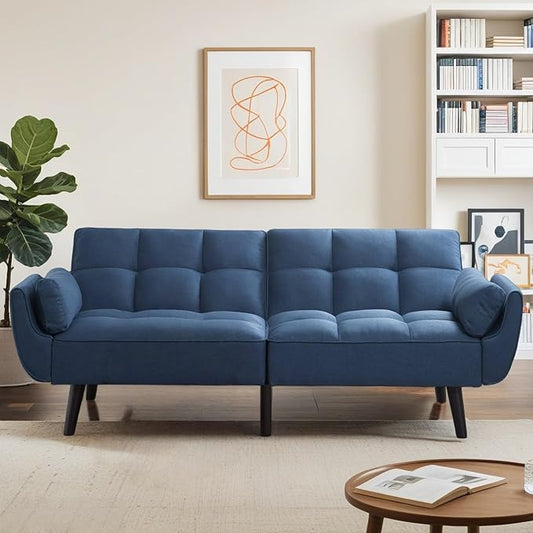 Convertible Futon Sofa Bed Modern Futon Couch with 2 Pillows Small Futons Couch with Adjustable Armrest &amp Backrest Loveseat Sofa Bed for Living Room Bedroom Blue