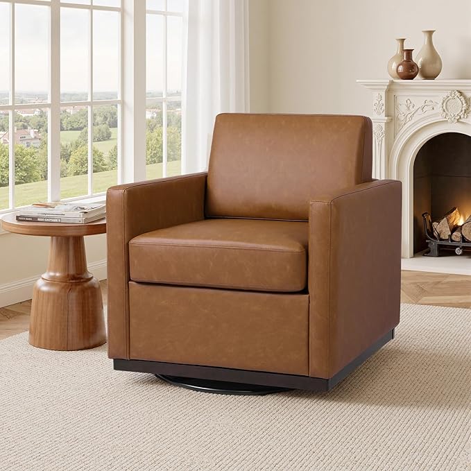 Swivel Barrel Accent Chair Mid Century Modern Arm Chair for Living Room Bedroom Comfy Club Reading Lounge Sofa Corner Chairs for Adults (Leather Brown Set of 1)