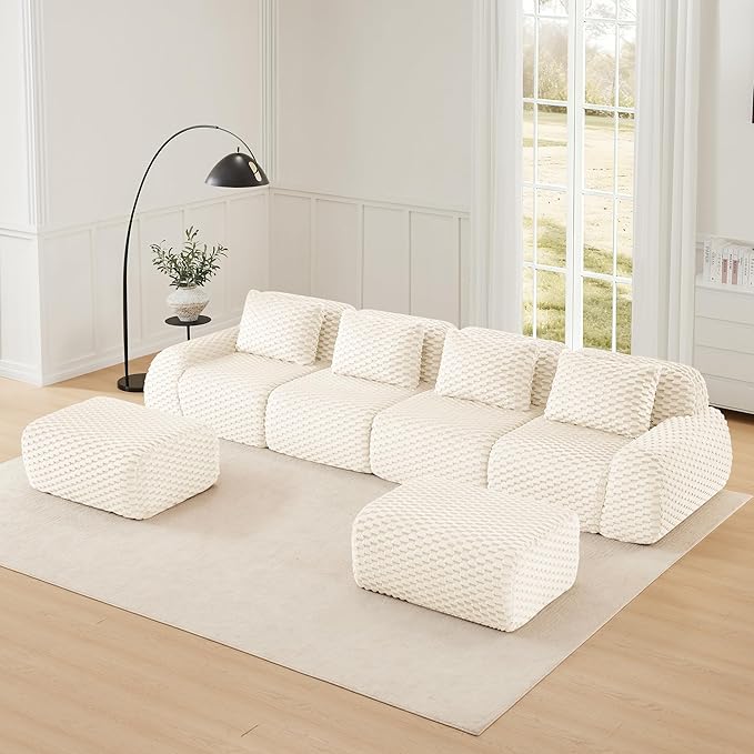 146 Modern U-Shaped Modular Sectional Sofa for Living Room White Flannelette Fabric Boneless SofaOversized 4-Seater Couch with Movable OttomanBuckle ConnectionAnti-slip DesignNo Assembly