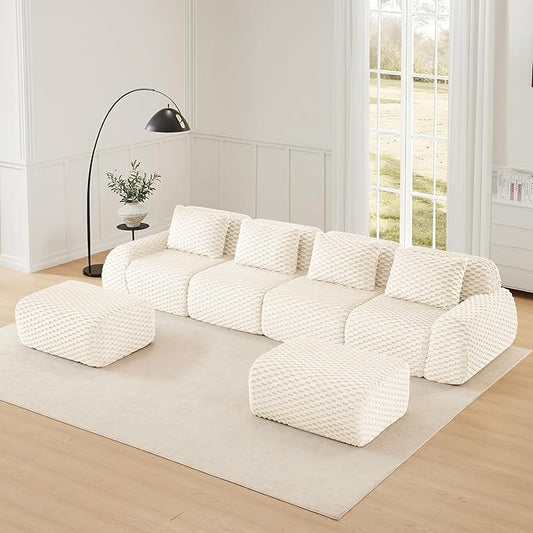 146 Modern U-Shaped Modular Sectional Sofa for Living Room White Flannelette Fabric Boneless SofaOversized 4-Seater Couch with Movable OttomanBuckle ConnectionAnti-slip DesignNo Assembly