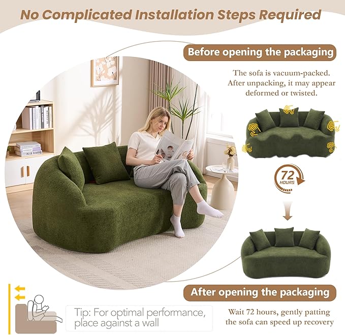 65.75 Curved LoveseatCozy Chenille Small Curved Sofa with 3 BackrestExtra Deep Seat Curved Cloud Floor Couch for BedroomOfficeApartment (Green 65.75 Inch)