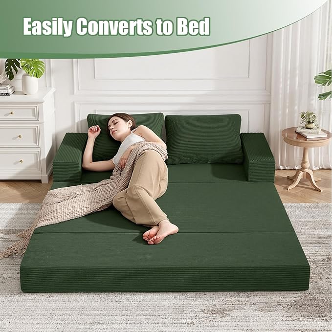 COMAX Convertible Sofa Bed Queen Corduroy Folding Floor Couch Pull Out Couch Bed Futon Sleeper with Pillows Fold Out Boneless Sofa Comfy Lounge Mattress Loveseat for Living Room Bedroom Green
